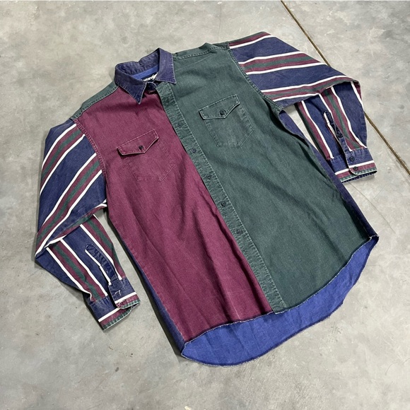 VTG Wrangler Brushpopper Shirt XL 17-35 Striped Maroon Green Blue Western Rodeo - Picture 2 of 5